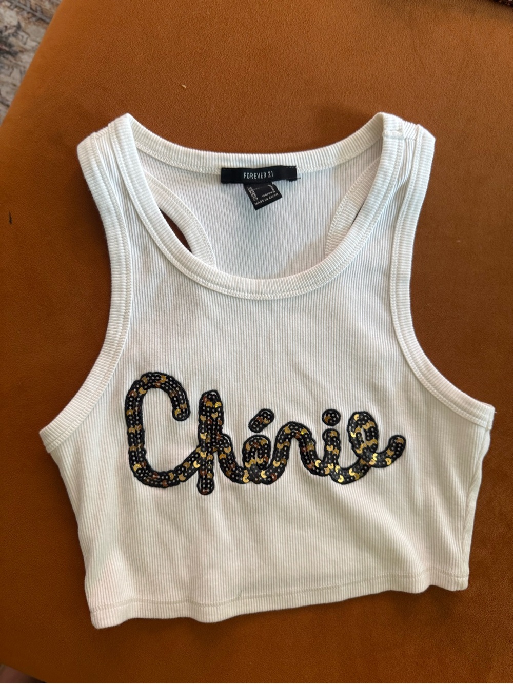 Forever 21 White Cropped Tank Top with Sequined 'Chérie’ Script Small NWOT